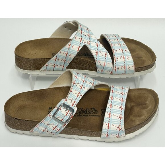 Birkenstock Birkis Anchor Print Sandals Slides Size 38 Women 7 Nautical Coastal - Picture 3 of 9
